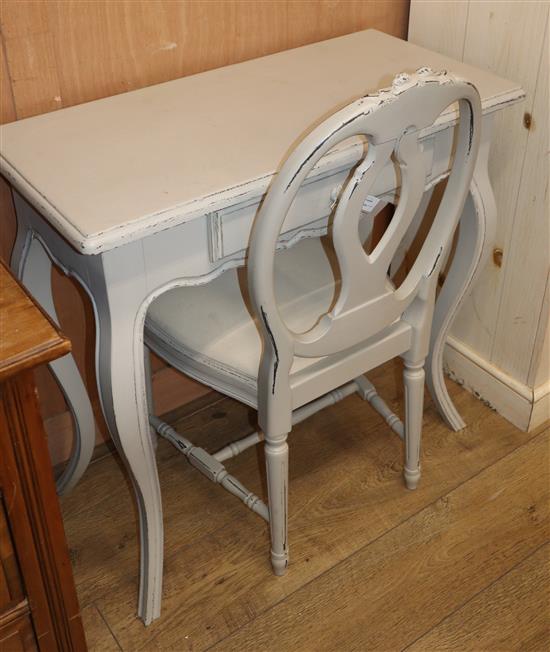 A pair of French provincial style painted small dressing tables and a pair of painted chairs tables W.82cm